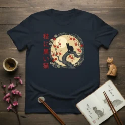 枝に黒い猫 Japanese cat moon t-shirt with black cat on sakura tree branch, oriental art style