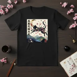 Japanese text "美麗花猫月夜" above a floral black cat jumping under a crescent moon, with mountains and cherry blossoms in the