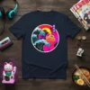 蒸気波 ネコ Japanese cat design with vaporwave aesthetic, featuring a cat, crashing waves, and pagoda, printed on a navy t-shirt