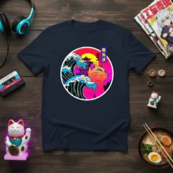 蒸気波 ネコ Japanese cat design with vaporwave aesthetic, featuring a cat, crashing waves, and pagoda, printed on a navy t-shirt
