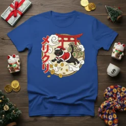 Japanese Christmas Cat design with メリークリスマス text, featuring a black cat in a Santa suit, bags of money, coins, and