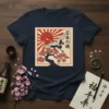 T-shirt design featuring Japanese text "日本の魂," a flying crane, cherry blossoms, and Mount Fuji under a rising sun