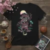 Japanese dragon artwork with Mount Fuji, cherry blossoms, and palm trees on a black t-shirt