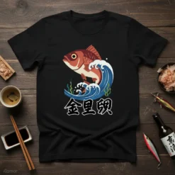 Japanese 金目鯛 fish leaping through a stylized ocean wave graphic on a black t-shirt