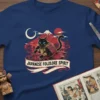 Japanese Fololore Spirit samurai cat t-shirt with Mount Fuji and pagodas in the background