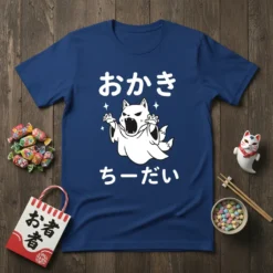 おがき ちーだい Japanese text with a white ghost cat illustration wearing a costume and sparkling stars
