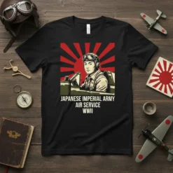 Japanese Imperial Army Air Service WWII t-shirt with a pilot in a cockpit and sunburst background