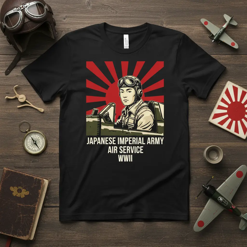 Japanese Imperial Army Air Service WWII design with pilot illustration and red sunburst pattern