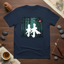 Japanese Kanji character "林" (forest) in white brushstroke on a dark forest background t-shirt