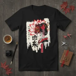 白糸 Japanese Kitsune mask geisha art t-shirt with lotus flower, black and red colors, traditional oriental design style