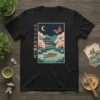 T-shirt with Japanese text "トランメルは眠いす" above a serene landscape illustration of a boat on a lake with koi fish, cherry