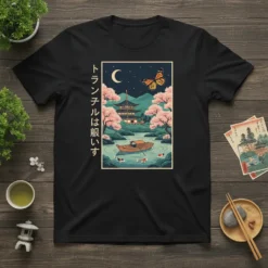T-shirt with Japanese text "トランメルは眠いす" above a serene landscape illustration of a boat on a lake with koi fish, cherry