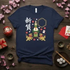 新年 Japanese New Year t-shirt design featuring vertical text, kadomatsu, and guardian lions