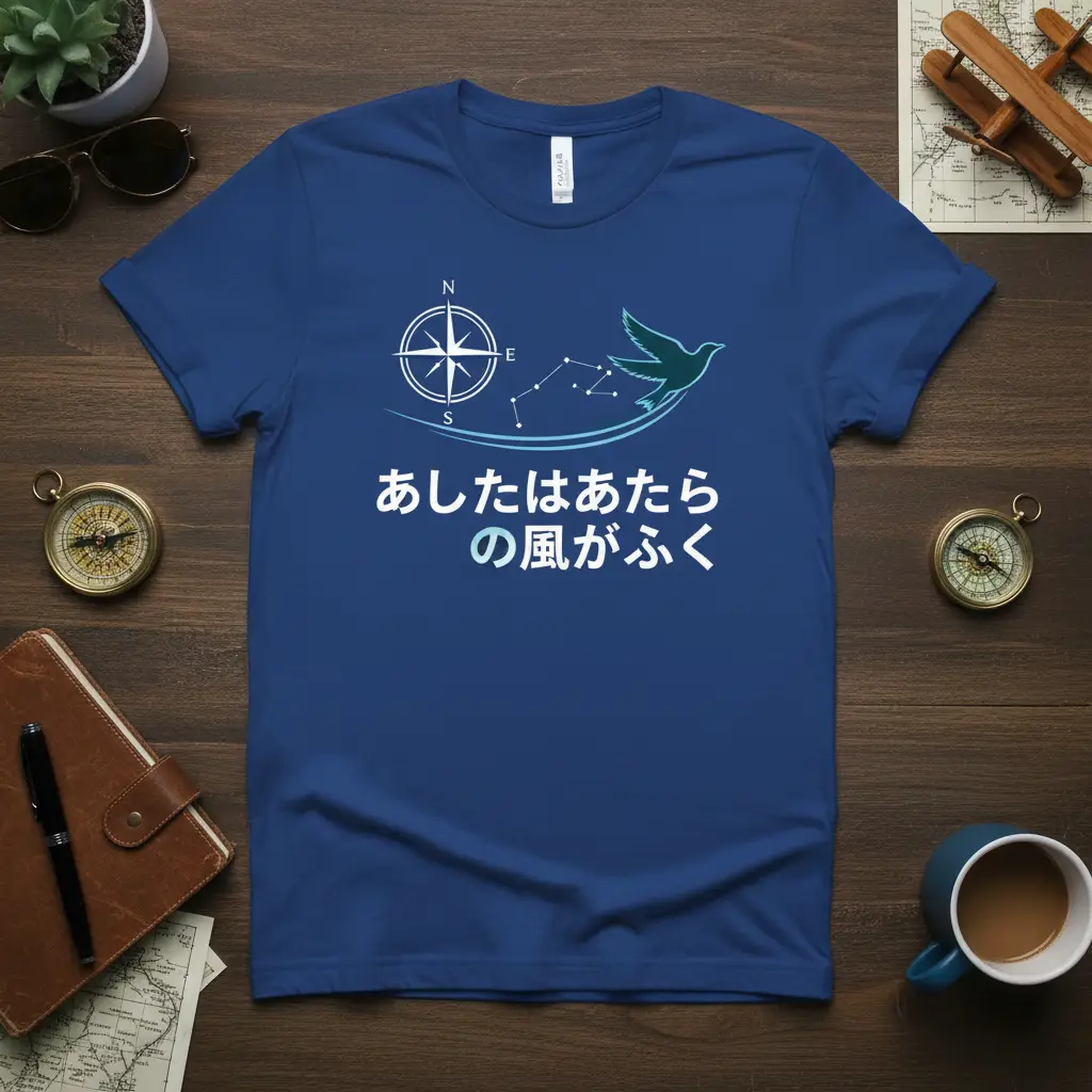 あしたはあたらの風がふく Japanese inspirational quote tee with bird and compass graphic