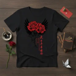 Black t-shirt with red roses and black wings, featuring Japanese text 未日半慶堕 vertically down the front