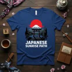Japanese Sunrise Path T-Shirt featuring Mount Fuji, a torii gate, and a sunrise landscape design