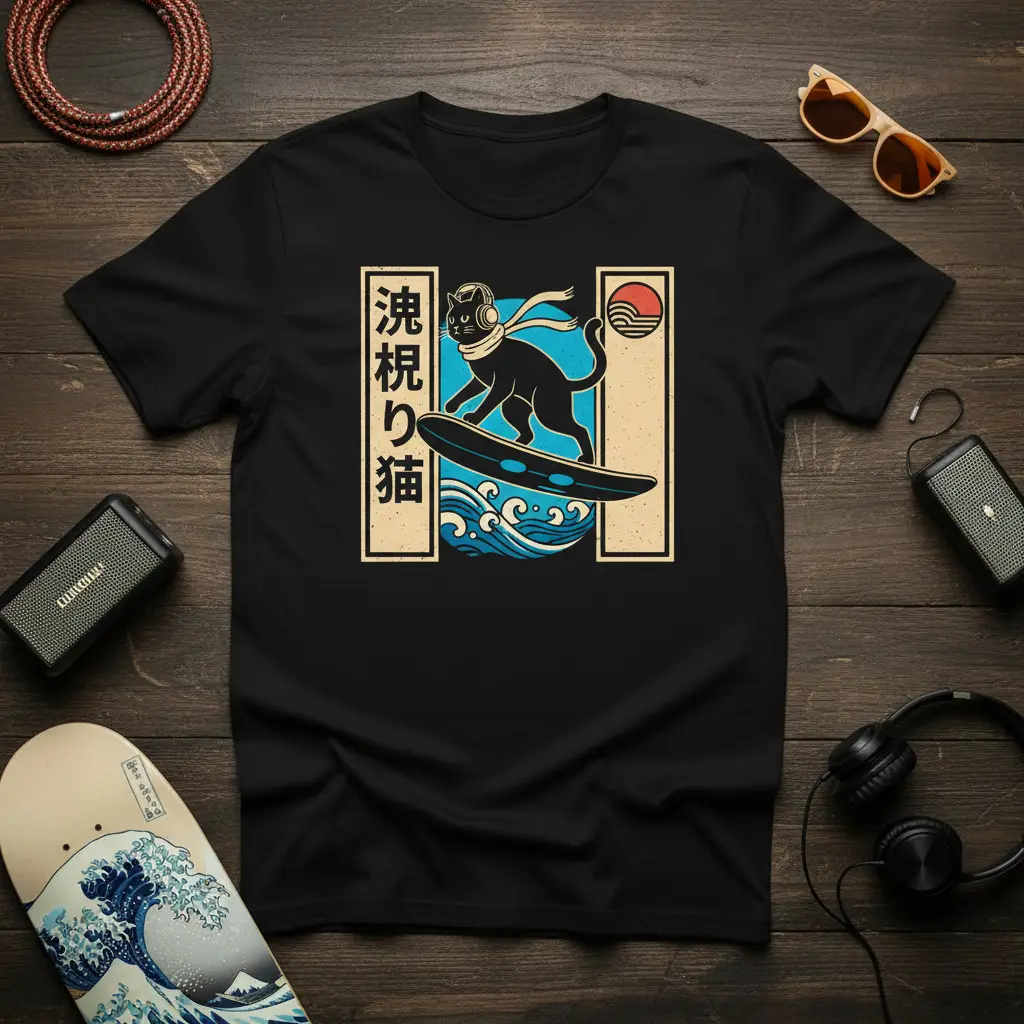 浪視り猫 Japanese text and surfing black cat graphic on a t-shirt, featuring retro anime style