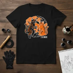 入れ墨猫 Japanese Tattoo Cat T-Shirt design with two cats, one holding a tattoo needle, surrounded by clouds