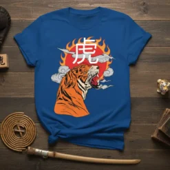 Blue t-shirt featuring a roaring tiger with Japanese kanji '虎' (tiger) above, surrounded by flames and clouds