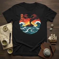 大津波 Japanese Wave T-Shirt design showing a large tsunami with Mount Fuji erupting in the background under a stormy sky