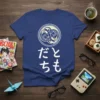 だとちも Japanese Wave T-Shirt with traditional wave graphic and white Japanese calligraphy on a blue shirt