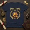 Navy t-shirt with golden Javid Shah text and a lion holding a sword symbol, surrounded by a laurel wreath