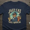Jazz Cat Sax Appeal t-shirt design featuring a cat in a suit playing a saxophone, with musical notes and instruments