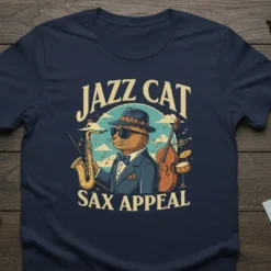 Jazz Cat Sax Appeal t-shirt design featuring a cat in a suit playing a saxophone, with musical notes and instruments