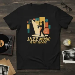 Jazz Music Is My Escape T-Shirt with silhouette of a saxophone player under a spotlight and retro graphic elements