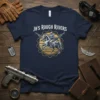 JB's Rough Riders text above a knight on horseback with dual rifles, within a gear emblem. Navy blue t-shirt design