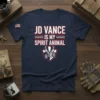 JD Vance Is My Spirit Animal T-Shirt featuring bold text and a badger graphic. Navy blue tee for political fans