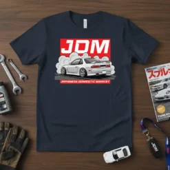 JDM Japanese Domestic Market t-shirt featuring a white Nissan S13 drifting with smoke, red JDM logo, and Japanese text