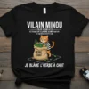 Black t-shirt with French text "Vilain Minou" and "Je Blâme L'Herbe à Chat", featuring a cartoon cat with a bag