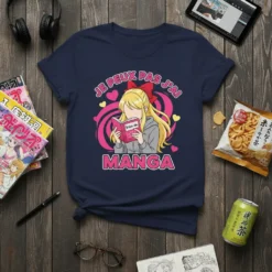 French "Je Peux Pas J'ai Manga" text with anime girl reading a book, pink hearts and swirls design on a