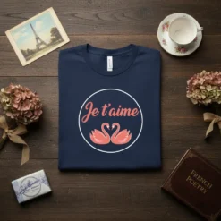 Navy t-shirt with "Je t'aime" in script and two pink swans forming a heart, within a white circle