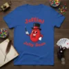 Blue t-shirt with "Jeffini Jelly Bean" text and a cartoon red jelly bean magician wearing a top hat and holding