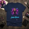 Jenni Rivera graphic t-shirt with singer illustration and neon text, navy blue tee