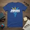 Blue t-shirt featuring the white "JEOPARDY!" logo with yellow and blue crown accents and a pixelated question mark graphic