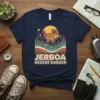 Jerboa Desert Dancer t-shirt design featuring a jumping jerboa, desert landscape, and cacti under a sunset