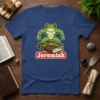 Jeremiah Frog T-Shirt design with a muscular green frog sitting on a brown bible, featuring the name "Jeremiah" in red