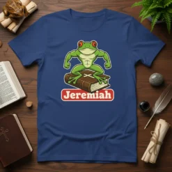 Jeremiah Frog T-Shirt design with a muscular green frog sitting on a brown bible, featuring the name "Jeremiah" in red