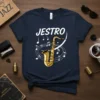JESTRO text with a cartoon saxophone and musical notes on a dark navy t-shirt design