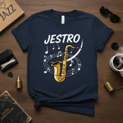 JESTRO text with a cartoon saxophone and musical notes on a dark navy t-shirt design