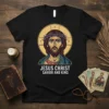 Jesus Christ Savior and King t-shirt with a portrait of Jesus wearing a crown of thorns