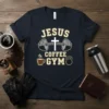 Jesus Coffee Gym t-shirt design with dumbbells, cross, coffee cup, and kettlebell icons