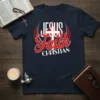 Jesus Faith Christian text design with a cross and red circular graphic on a navy t-shirt