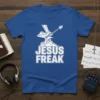 Jesus Freak guitar t-shirt design with bold white text and a white electric guitar illustration