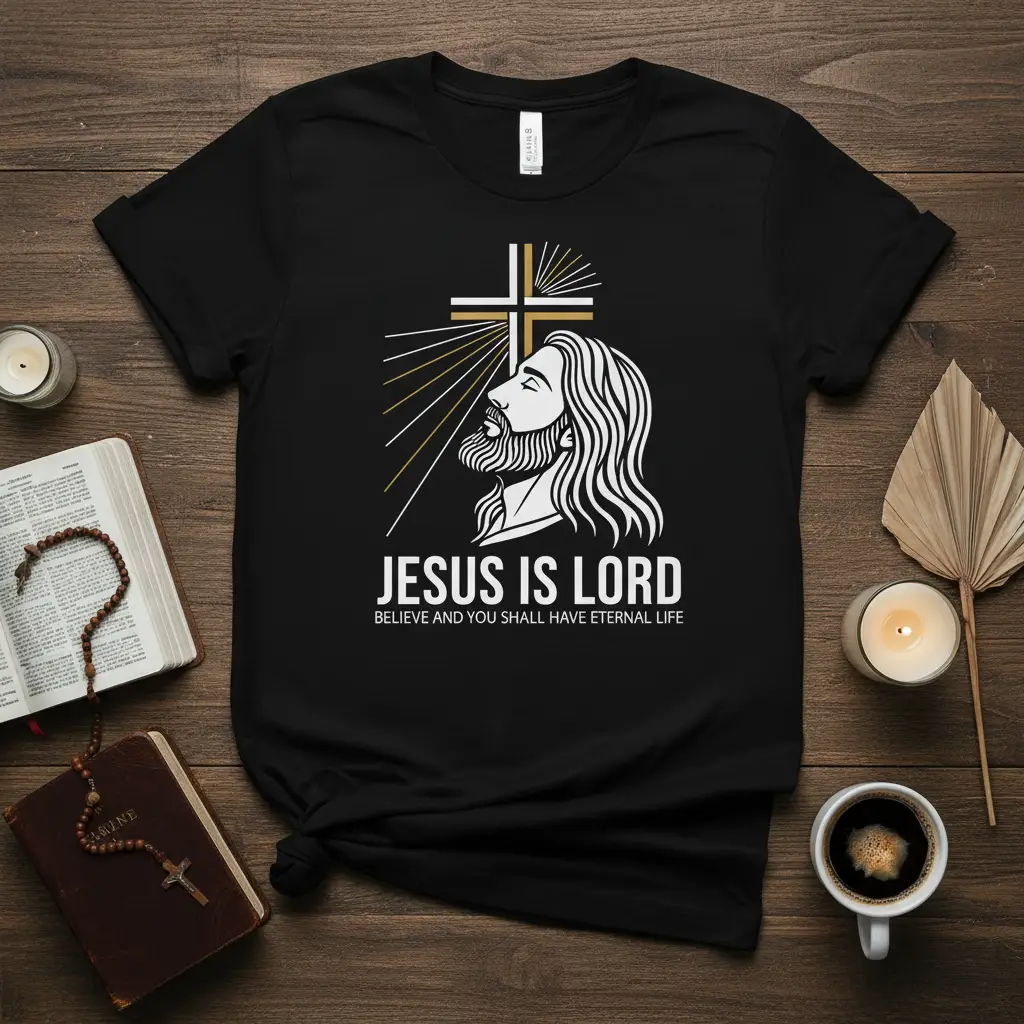 Jesus Is Lord Believe Eternal Life Christian T-Shirt featuring profile of Jesus and cross graphic