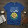 Jesus is Lord Savior Redeemer King t-shirt design with a geometric lion wearing a crown and laurel wreath