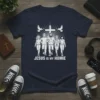 Jesus Is My Homie t-shirt with a graphic of Jesus walking with a diverse group of people, a cross, and